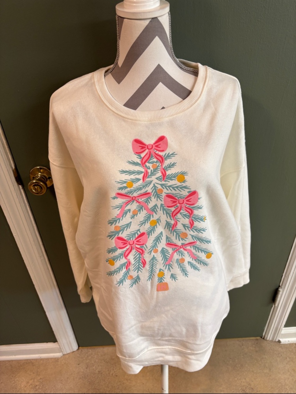 Holiday Time Cream Crewneck Sweatshirt with Pink Bow Tree Graphic